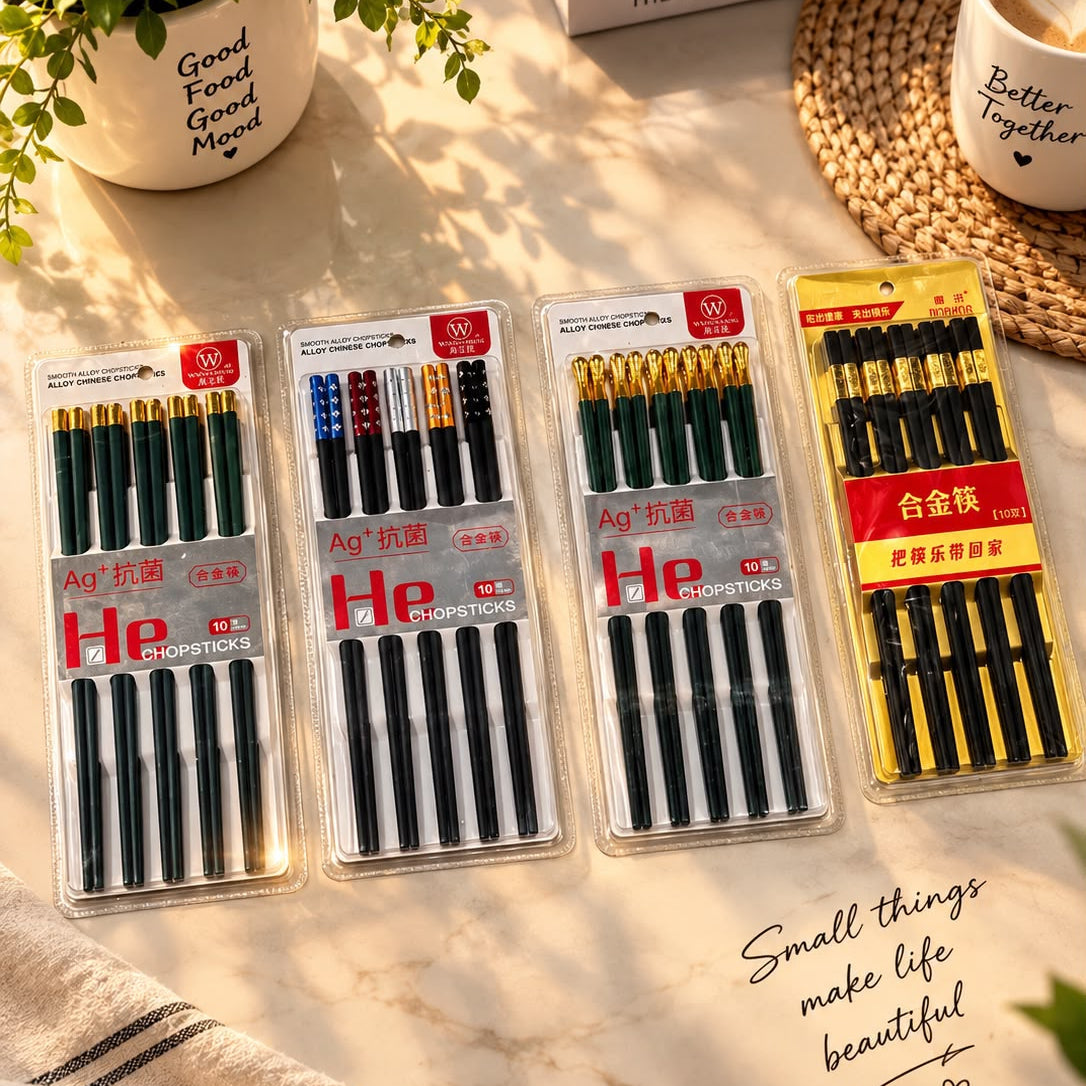 Reusable antibacterial alloy chopsticks set in He Gold design packaged for sale