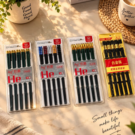 Reusable antibacterial alloy chopsticks set in He Gold design packaged for sale