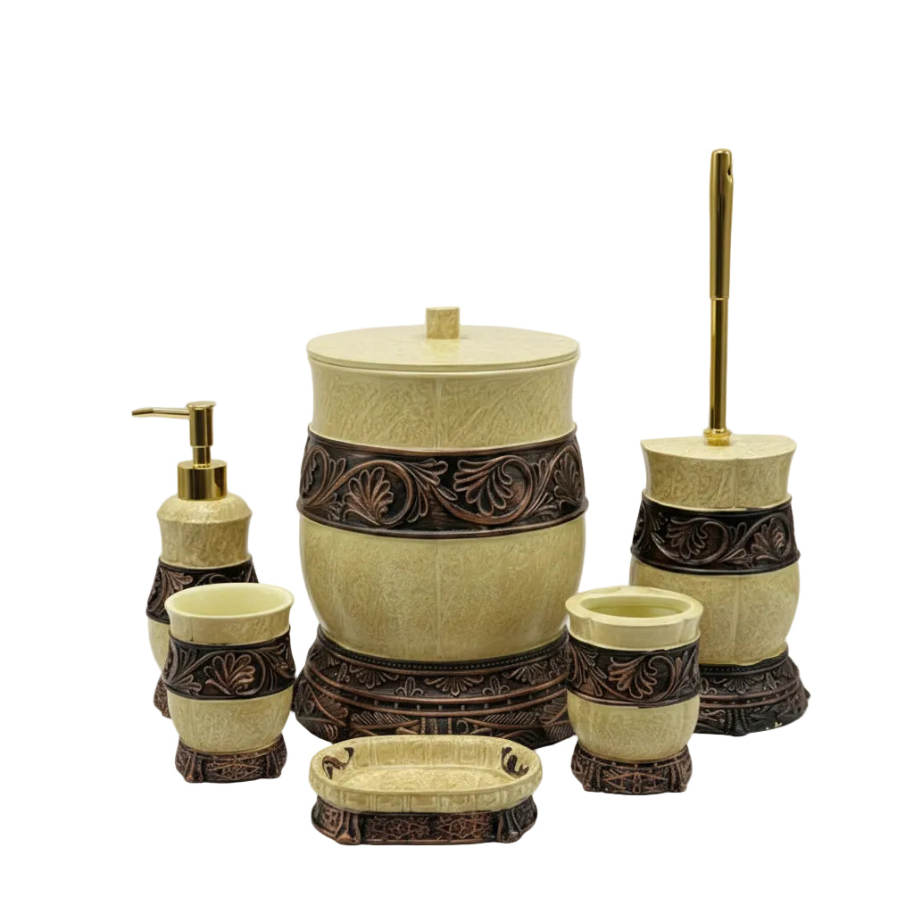 Premium 6-piece antique gold and bronze bathroom accessories set arranged on a modern bathroom vanity.