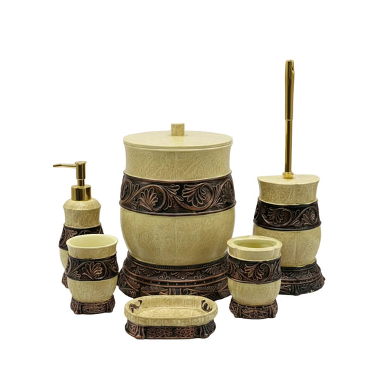 Premium 6-piece antique gold and bronze bathroom accessories set arranged on a modern bathroom vanity.
