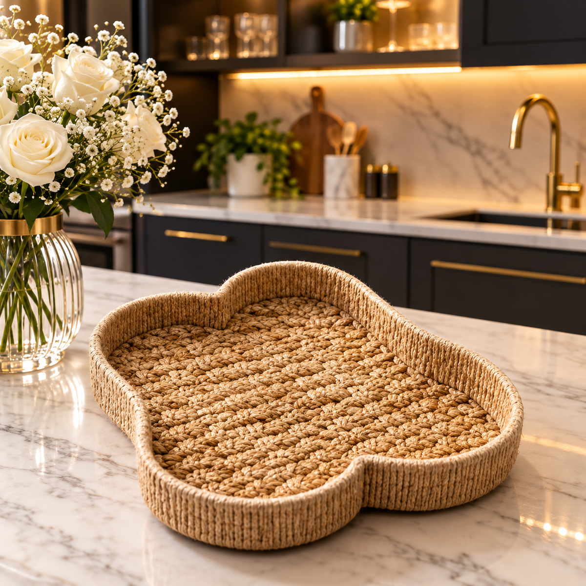 Handcrafted apple shaped rattan wicker tray placed on a wooden table   