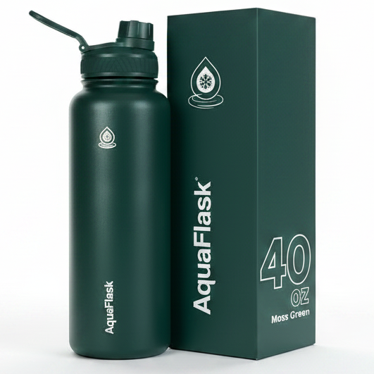 AquaFlask 40oz Moss Green vacuum insulated stainless steel water bottle with box packaging