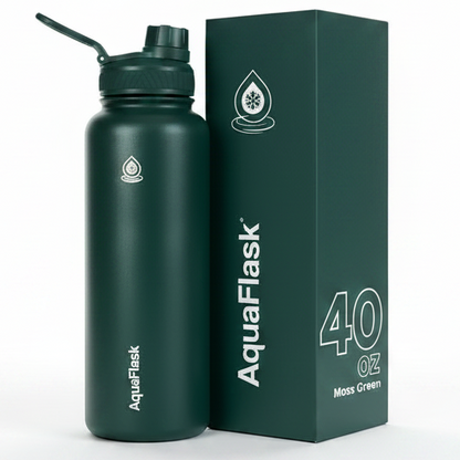 AquaFlask 40oz Moss Green vacuum insulated stainless steel water bottle with box packaging