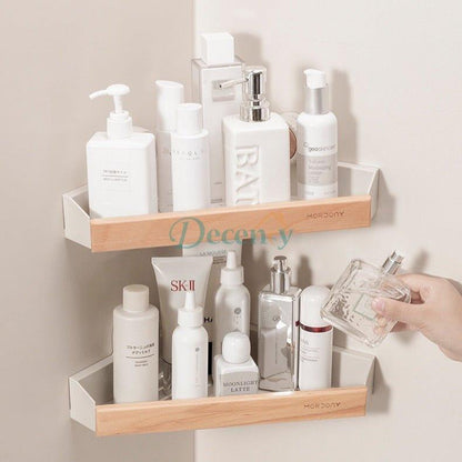 AquaLine self adhesive corner rack shelf installed in a bathroom shower area holding shampoos