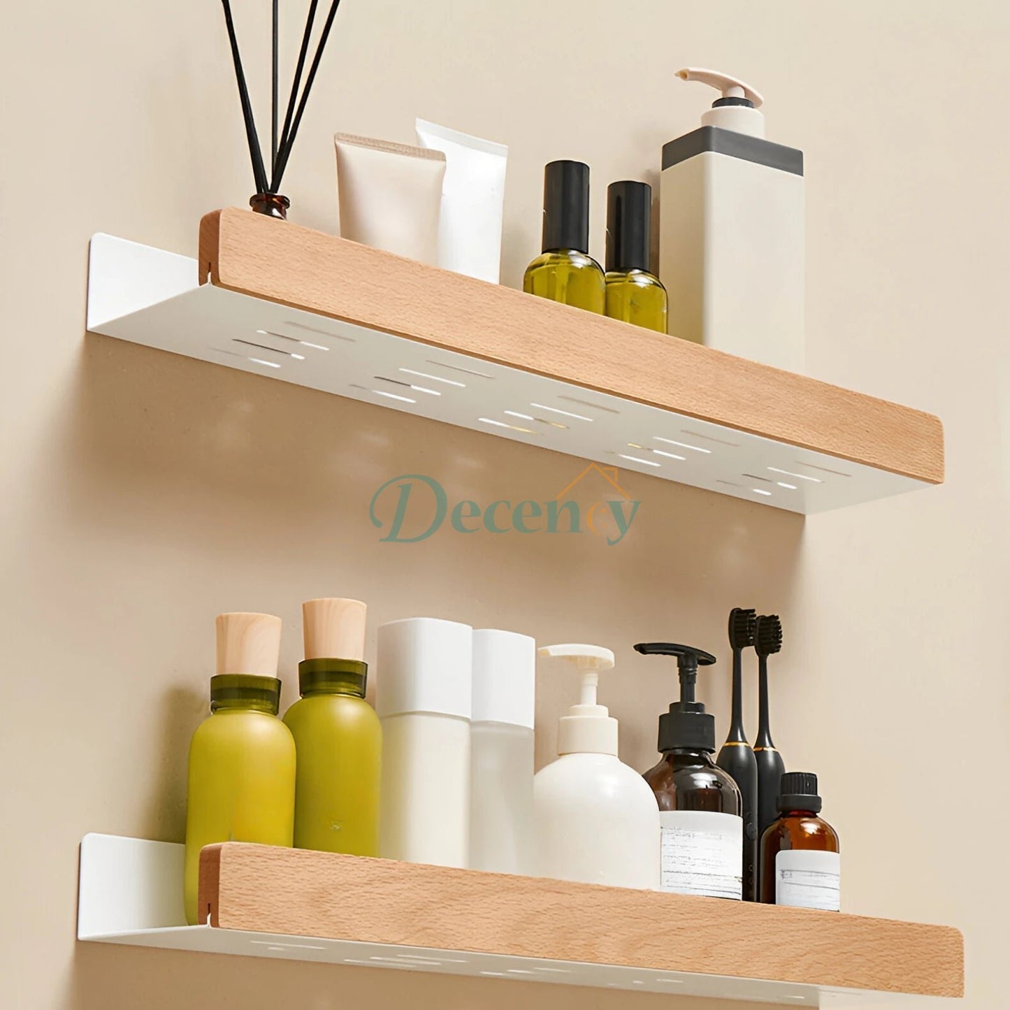 AquaLine self-adhesive wall mount storage shelf installed in a modern bathroom holding shampoo bottles