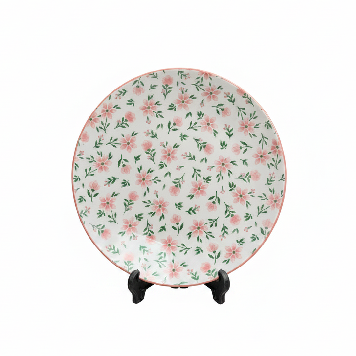 Handcrafted artisan floral ceramic dinner plate 10-inch top view
