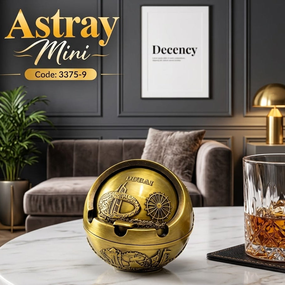 Astray Mini metal sphere ashtray in metallic brass finish featuring Dubai design (Code 3375-9).