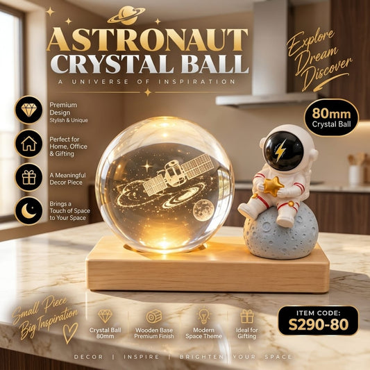 3D Astronaut Crystal Ball 80mm with warm LED wooden base light  