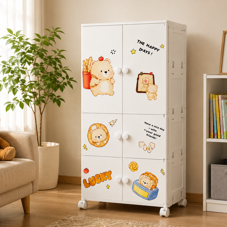 Heavy-duty white baby cupboard with cute cartoon bear and lion designs and knobs for kids' rooms in Pakistan.   