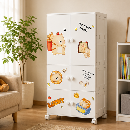 Heavy-duty white baby cupboard with cute cartoon bear and lion designs and knobs for kids' rooms in Pakistan.   