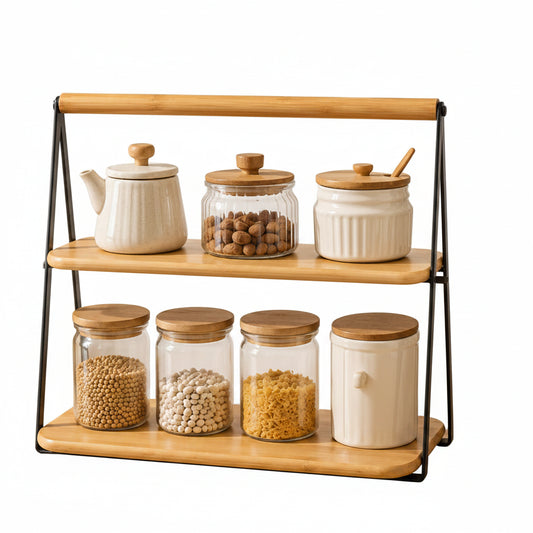 2-tier bamboo kitchen countertop organizer holding spice jars on a modern Pakistani kitchen counter.