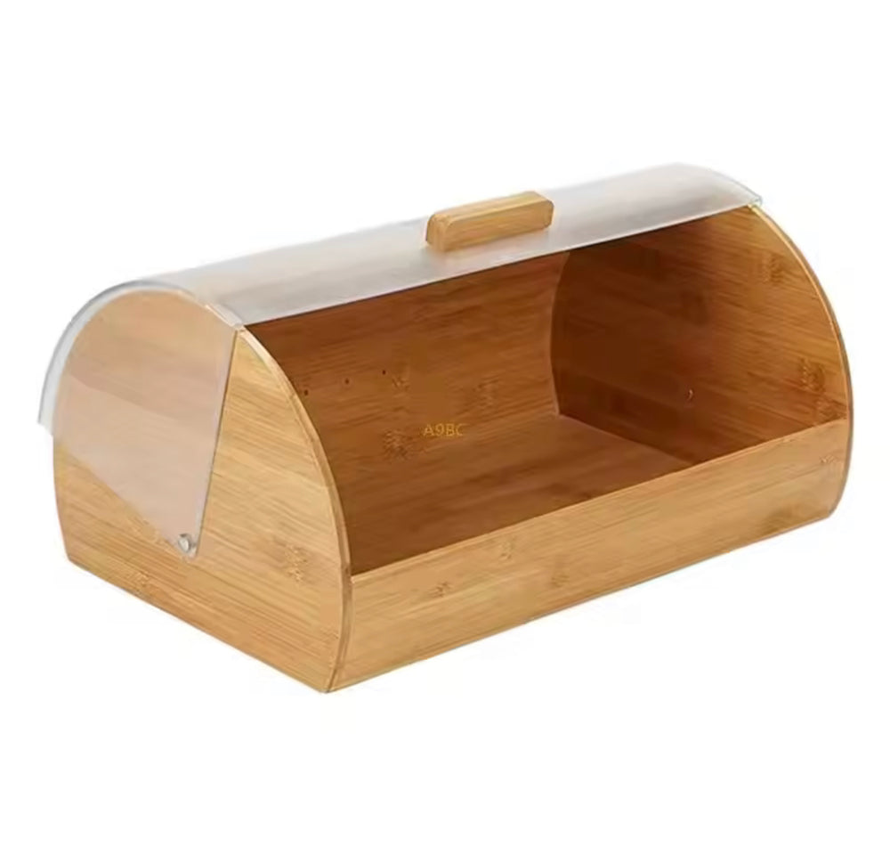 Wooden bamboo bread box with clear transparent acrylic lid sitting on a dining table