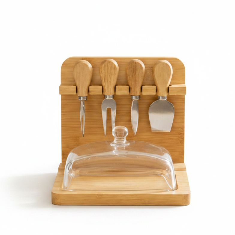Bamboo butter dish with transparent glass cover placed on kitchen counter