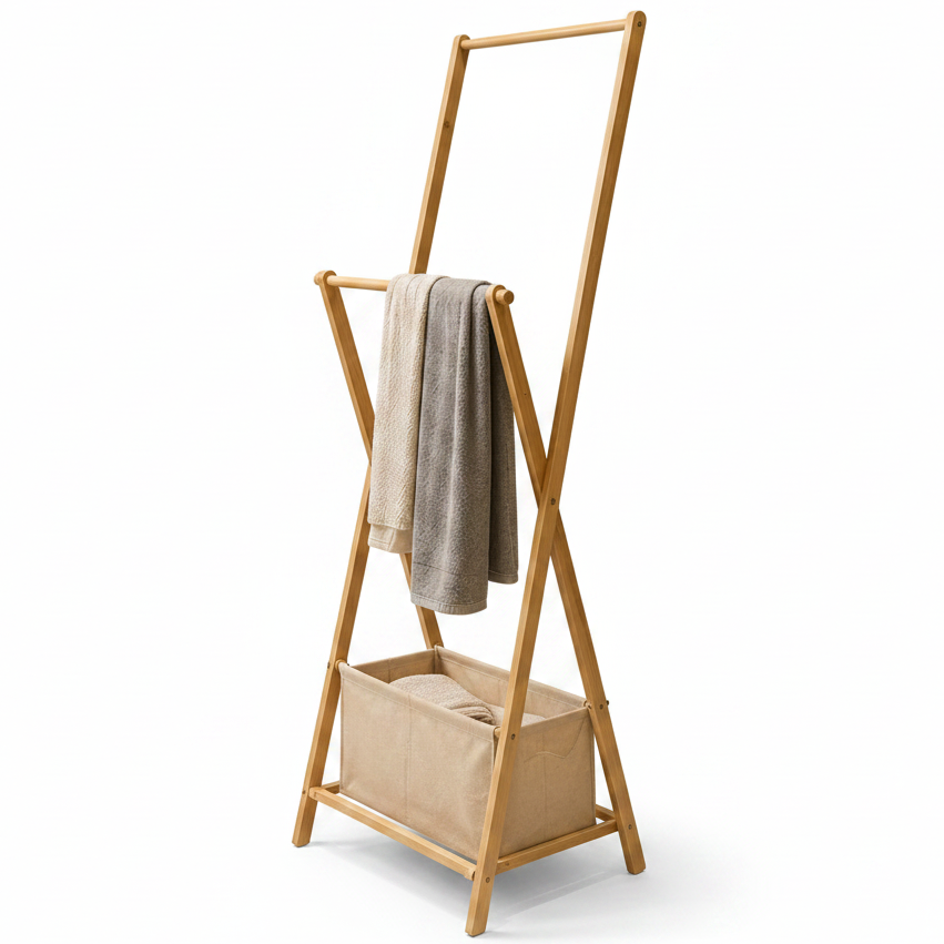 Foldable bamboo clothes rack standing in a modern Pakistani bedroom with hung clothes.