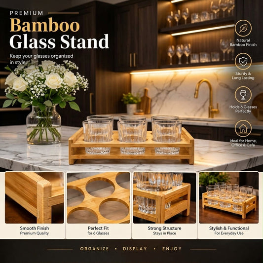 Premium wooden bamboo glass stand holding 6 clear drinking glasses on a kitchen counter.