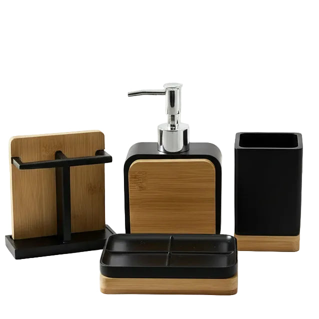 Premium 4-piece bamboo and matte black bathroom accessories set styled on a modern marble vanity.