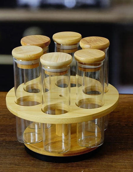 Bamboo Rotating Glass Tube Spice Rack with Stand