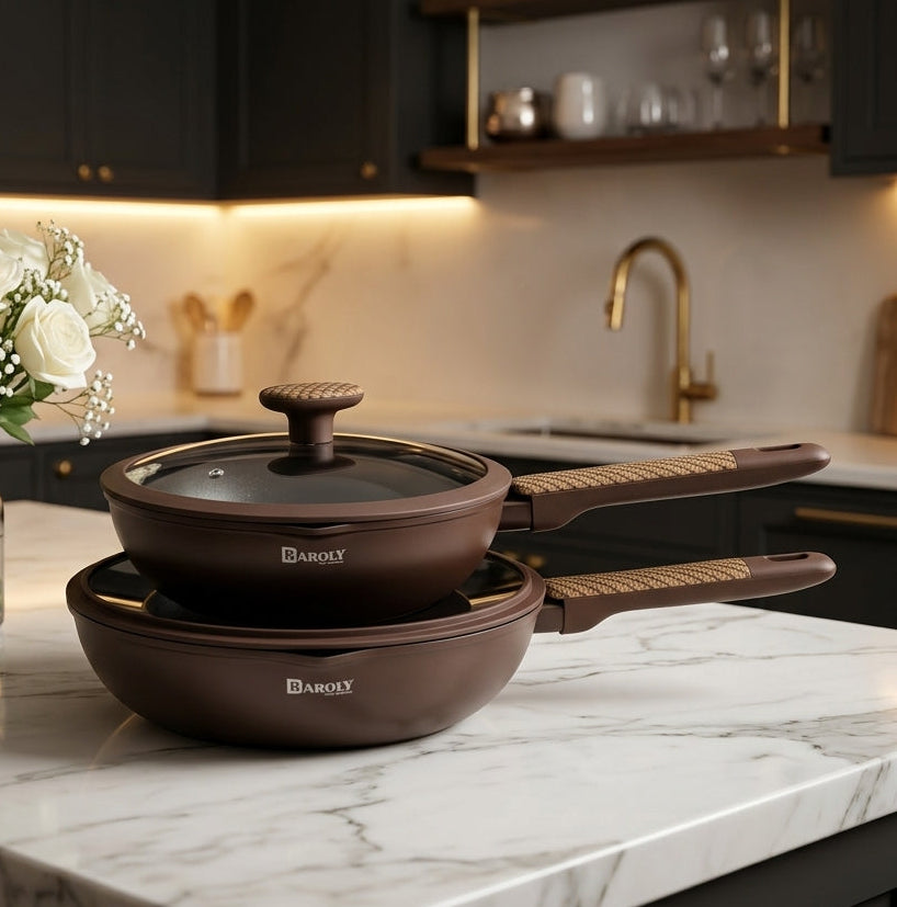 Baroly non-stick wok pan with glass lid on a modern kitchen counter