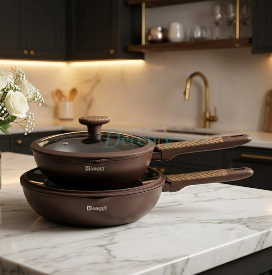Baroly non-stick wok pan with glass lid on a modern kitchen counter