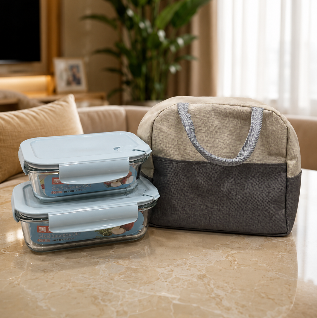 Beige and gray lunch bag placed next to two stacked glass lunch boxes with light blue lids on a marble table