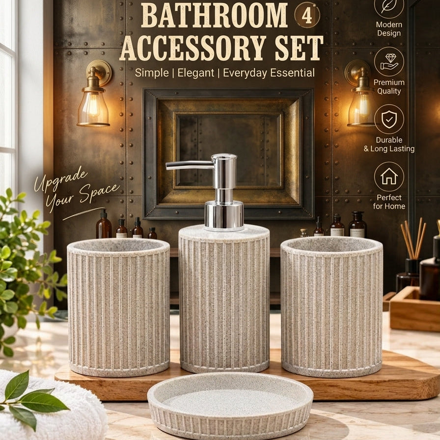 4-piece beige ribbed ceramic bathroom accessory set with soap dispenser, toothbrush holder, tumbler, and soap dish