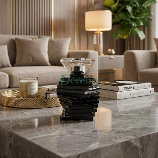 Luxury black crystal candle holder styled on a modern marble living room coffee table.