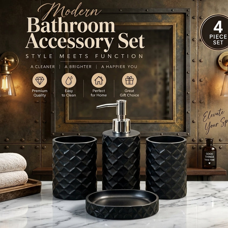 4 piece matte black bathroom accessory set with geometric diamond texture on marble countertop