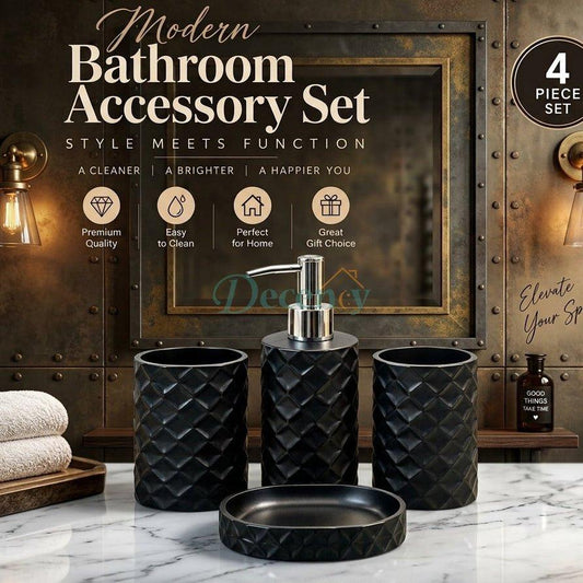 4 piece matte black bathroom accessory set with geometric diamond texture on marble countertop