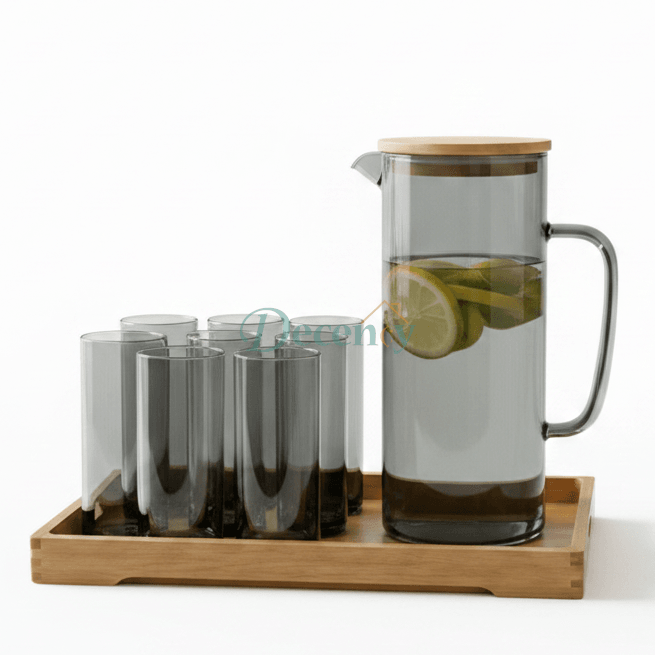 Smoked black glass water pitcher jug set with 6 matching glasses on a wooden serving tray.