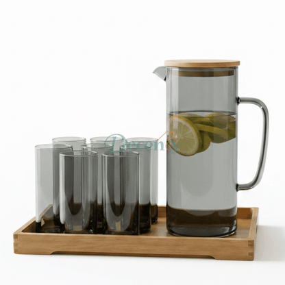 Smoked black glass water pitcher jug set with 6 matching glasses on a wooden serving tray.
