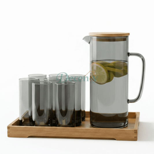 Smoked black glass water pitcher jug set with 6 matching glasses on a wooden serving tray.