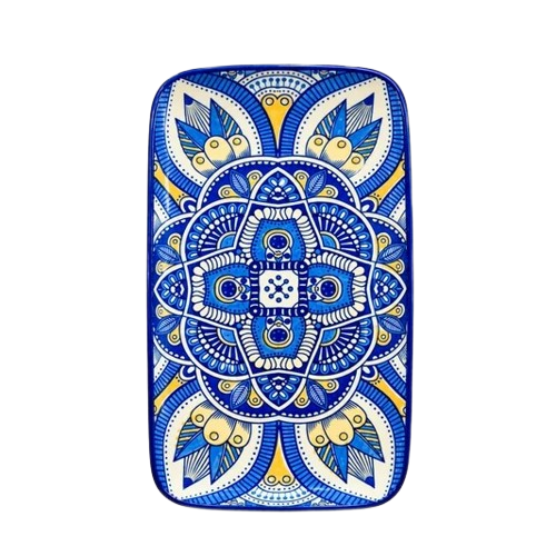 Top-down view of a blue ceramic rectangular serving platter with intricate Multan design