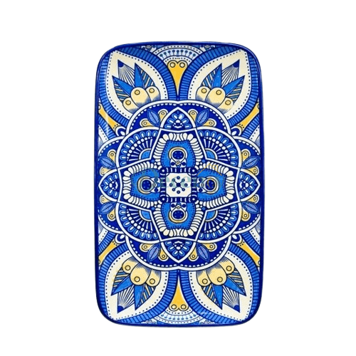Top-down view of a blue ceramic rectangular serving platter with intricate Multan design