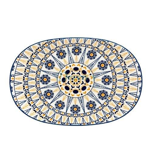 Top view of an oval ceramic serving platter with intricate blue and mustard yellow mandala geometric art.