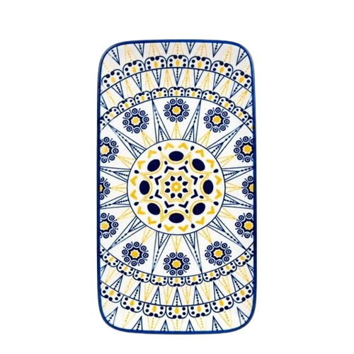 Top-down view of a rectangular blue and yellow mandala pattern ceramic serving tray