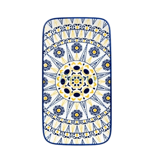 Top-down view of a rectangular blue and yellow mandala pattern ceramic serving tray