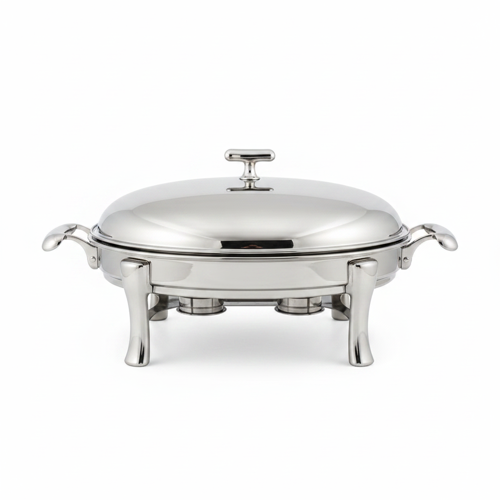 Premium round buffet chafing dish with clear glass lid showing food inside