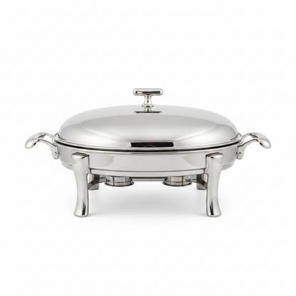 Premium round buffet chafing dish with clear glass lid showing food inside