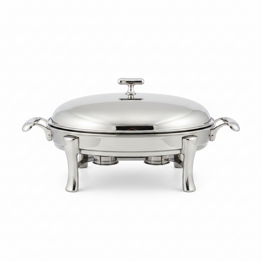 Premium round buffet chafing dish with clear glass lid showing food inside