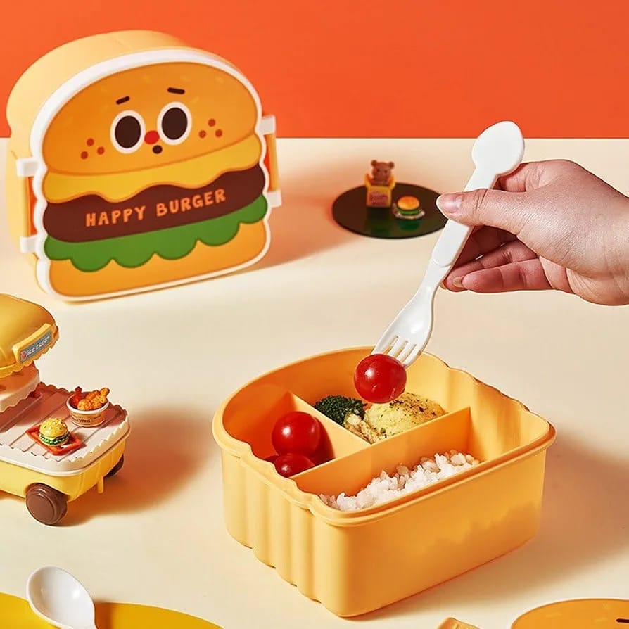 Cute burger shape kids lunch box with lid and cutlery set