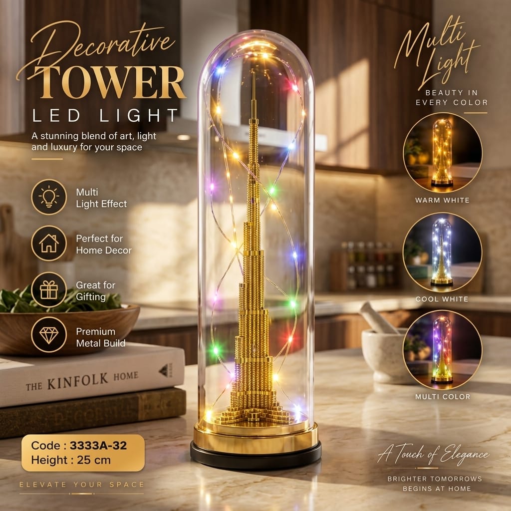 Burj Khalifa golden metal tower LED light inside glass dome with height 25 cm