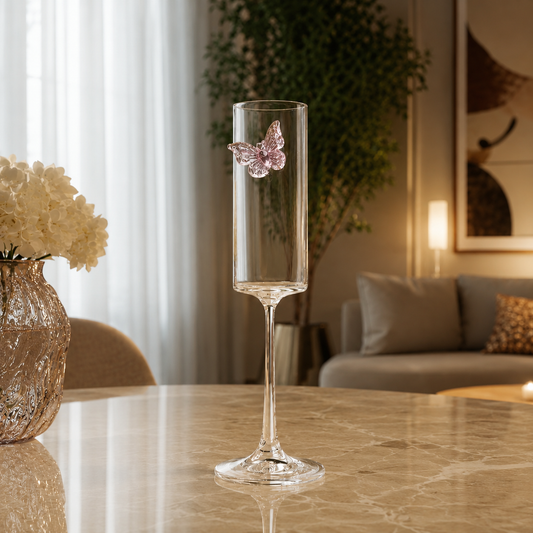 Elegant butterfly crystal champagne glass with tall stem displayed on marble table