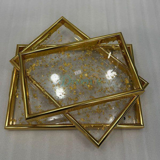 3-Piece Gold Transparent Flowers -Design Serving Tray Set