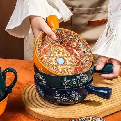 Vibrant ceramic baking bowl with handle showcasing intricate Bohemian hand-painted floral pattern