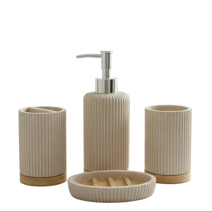 Complete 4-piece fluted ceramic and bamboo bathroom accessories set arranged on a marble counter.