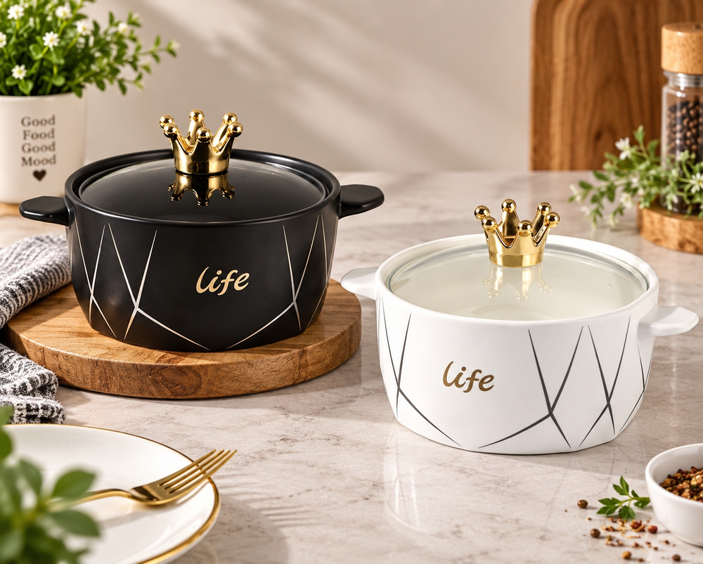 Black ceramic soup pot dimensions diagram showing 1.8L capacity, 18 cm diameter, and 14.5 cm height with lid.