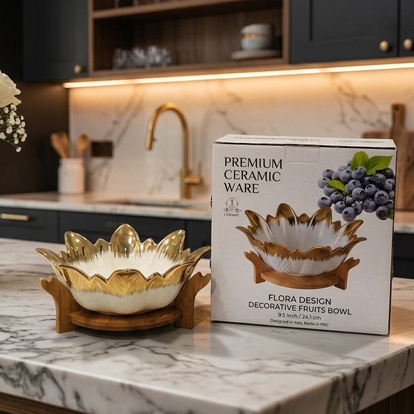 Luxury ceramic fruit bowl with gold-plated lotus petals resting on a dark wooden stand on a marble countertop.
