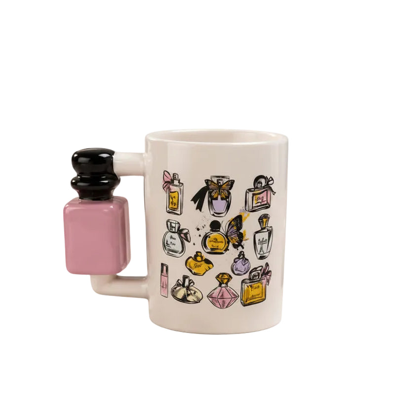 White ceramic makeup mug featuring closed eyelash design and a red lipstick shaped handle