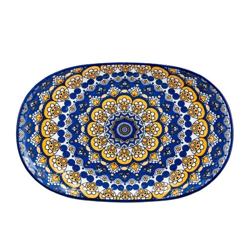 Ceramic mandala oval serving platter with intricate blue and yellow design
