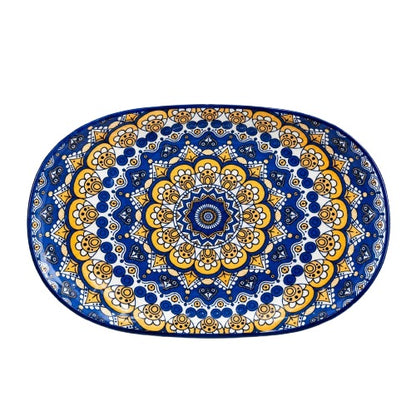Ceramic mandala oval serving platter with intricate blue and yellow design